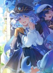 1boy 1girl 3girls absurdres ahoge alternate_costume blonde_hair blue_eyes blue_hair blue_hat blue_skirt blue_sky commentary dango dasha epaulettes food furina_(genshin_impact) genshin_impact hand_on_own_face hat highres holding holding_food long_hair lumine_(genshin_impact) military_hat multiple_girls paimon_(genshin_impact) scaramouche_(genshin_impact) shirt short_hair skirt sky smile wagashi white_hair white_hat white_shirt