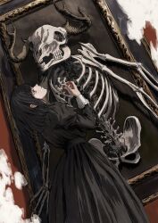 1girl absurdres antlers black_dress black_eyes black_hair bone dress expressionless gold_can highres holding horns looking_up medium_hair mole mole_under_eye original portrait_(object) skeleton solo