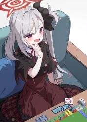 1girl :d absurdres doodle_sensei_(blue_archive) bangle blue_archive board_game bracelet breasts card commentary couch dice hair_ornament hair_scrunchie halo hand_on_own_cheek hand_on_own_face highres jewelry key monopoly mutsuki_(blue_archive) neck_ribbon on_couch open_mouth purple_eyes ribbon school_uniform scrunchie seero sensei_(blue_archive) sitting small_breasts smile white_hair