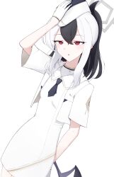 Rule 34 | 1girl, absurdres, arimas ar1, black hair, black horns, black necktie, blue archive, blush, commentary request, dress, gloves, hair between eyes, half gloves, halo, hand up, hat, highres, horns, kayoko (blue archive), looking at viewer, multicolored hair, necktie, official alternate costume, parted lips, ponytail, red eyes, short necktie, short sleeves, single wing, solo, standing, two-tone hair, utnapishtim operator uniform (blue archive), white background, white dress, white gloves, white hair, white hat, wings