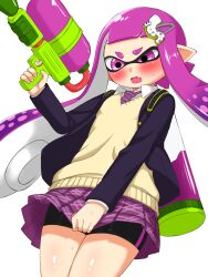 1girl alternate_color bike_shorts black_bike_shorts black_jacket blush brown_sweater_vest embarrassed fang from_below gun hair_ornament hairclip highres holding holding_gun holding_weapon ink_tank_(splatoon) inkling inkling_girl inkling_player_character jacket letter_hair_ornament long_hair long_sleeves looking_down necktie nintendo open_clothes open_jacket open_mouth penguin_maru_(penginmaru) plaid_clothes plaid_necktie plaid_skirt player_2 pointy_ears purple_eyes purple_hair purple_necktie purple_skirt school_uniform shirt skirt skirt_tug splatoon_(series) splattershot_(splatoon) squid_girl standing suction_cups super_smash_bros. sweat sweater_vest tentacle_hair weapon white_background white_shirt