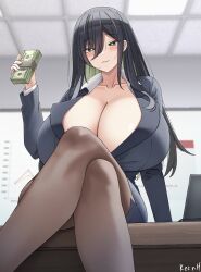 1girl banknote black_hair black_jacket black_pantyhose black_skirt breasts ceiling closed_mouth collarbone colored_inner_hair desk gigantic_breasts green_eyes green_hair grin hair_between_eyes highres holding holding_money indoors jacket keenh long_hair long_sleeves looking_at_viewer money multicolored_hair on_desk original pantyhose parted_lips sidelocks sitting skirt smile solo table two-tone_hair whiteboard