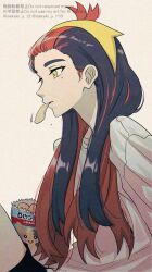 1girl bag_of_chips black_hair black_shorts carmine_(pokemon) chips_(food) food food_in_mouth from_side gen_8_pokemon hairband hyaku_ae_mon long_hair long_sleeves mole mole_under_eye morpeko morpeko_(full) multicolored_hair nintendo pokemon pokemon_sv red_hair shirt shorts solo twitter_username two-tone_hair white_shirt yellow_eyes yellow_hairband