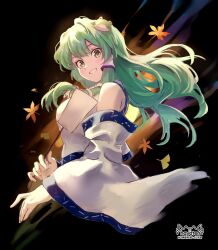 1girl autumn_leaves bare_shoulders blush_stickers breasts collared_shirt detached_sleeves dot_nose double-parted_bangs frog_hair_ornament gohei green_eyes green_hair grin hair_intakes hair_ornament hair_tubes hayaten highres holding holding_gohei kochiya_sanae large_breasts leaf long_hair long_sleeves looking_at_viewer patterned_clothing redrawn shirt signature single_hair_tube single_sidelock sleeveless sleeveless_shirt smile snake_hair_ornament solo touhou upper_body wide_sleeves