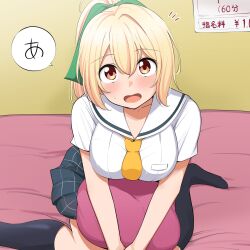 Rule 34 | 1girl, barkhorn0331, black socks, blonde hair, blue necktie, blush, bow, brown eyes, cinderella series, collarbone, cushion, foot out of frame, from above, green bow, grey skirt, hachigatsu no cinderella nine, hair bow, high ponytail, highres, holding cushion, kneehighs, looking at viewer, necktie, no dickey, no shoes, notice lines, on bed, open mouth, plaid clothes, plaid skirt, pleated skirt, ponytail, prostitution, sailor collar, satogahama school uniform, school uniform, serafuku, shirt, short sleeves, sitting, skirt, socks, solo, speech bubble, summer uniform, sweatdrop, takanashi yuzu, wariza, white sailor collar, white shirt