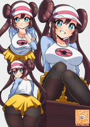 1girl acefish arm_under_breasts ass black_pantyhose blue_eyes blue_sleeves blush bow breasts brown_hair creatures_(company) double_bun game_freak hair_bun hand_on_own_chin highres knees_together_feet_apart large_breasts leaning_forward looking_at_viewer looking_back nintendo pantyhose pink_bow poke_ball_print pokemon pokemon_bw2 rosa_(pokemon) shirt skirt smile teeth twintails two-tone_shirt visor_cap watch white_background white_shirt wristwatch yellow_skirt