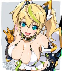 1girl :d aqua_eyes bare_shoulders black_thighhighs blonde_hair breasts cleavage dress elbow_gloves fangs female_focus from_above gauntlets gene_(pso2) gloves hair_between_eyes halterneck headgear highres large_breasts looking_at_viewer looking_up open_mouth phantasy_star phantasy_star_online_2 short_dress sketch smile solo thighhighs twintails white_dress yajiro_masaru
