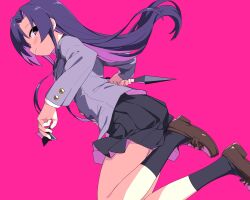 Rule 34 | 1girl, black skirt, black socks, blush stickers, brown shoes, closed mouth, commentary request, curtained hair, dutch angle, floating hair, goshiki agiri, grey jacket, highres, holding, holding knife, holding shuriken, holding weapon, jacket, kill me baby, knife, kunai, loafers, long hair, looking at viewer, looking to the side, pleated skirt, profile, purple eyes, purple hair, school uniform, shoes, shuriken, skirt, smile, socks, solo, weapon, yachima tana