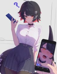 1girl 1other absurdres black_choker black_hair black_pantyhose black_skirt blush choker colored_inner_hair commentary daniel_deves ellen_joe ellen_joe_(on_campus) finger_in_another&#039;s_mouth fins fish_tail highres holding holding_phone lollipop_in_mouth looking_at_viewer mole mole_under_eye multicolored_hair pantyhose phone pleated_skirt pov razor_blade_hair_ornament red_nails shark_girl shark_tail sharp_teeth shirt skirt tail teeth white_shirt zenless_zone_zero