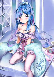 1girl :3 absurdres armpit_crease bare_shoulders blue_hair blush breasts camisole cleavage closed_mouth collarbone duel_monster highres kuromiko_shoujo long_hair looking_at_viewer medium_breasts pantyhose purple_eyes rilliona_(yu-gi-oh!) sitting smile solo white_camisole white_pantyhose witchcrafter_madame_verre yu-gi-oh!