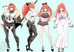 Rule 34 | 1girl, absurdres, acesaru, ahoge, aqua background, arms under breasts, black hairband, black pants, black ribbon, black shoes, black shorts, blush, breasts, chaps, cleavage, closed mouth, crop top, cropped shirt, crossed arms, eris greyrat, from side, full body, hair between eyes, hair ribbon, hairband, hand on own hip, highres, holding, holding sword, holding weapon, large breasts, long hair, looking at viewer, midriff, multiple views, mushoku tensei, navel, nightgown, pants, ponytail, red eyes, red hair, ribbon, shirt, shoes, shorts, simple background, smile, sword, tiptoes, toes, very long hair, weapon, white nightgown, white shirt