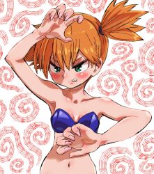 1girl angry arm_up armpits bare_arms bare_shoulders bikini blue_bikini blush breasts cleavage clenched_teeth collarbone embarrassed female_focus fingernails gen_1_pokemon green_eyes groin gym_leader h_renah hair_between_eyes hair_tie hand_up hands_up misty_(pokemon) navel nintendo orange_hair pink_nails pokemon pokemon_(anime) pokemon_(classic_anime) pokemon_rgby ponytail purple_bikini shiny_skin short_hair side_ponytail small_breasts solo standing stomach strapless strapless_bikini swimsuit teeth thighs upper_body v-shaped_eyebrows