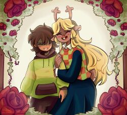 1girl 1other animal_ears antlers black_skirt black_sleeves blonde_hair brown_hair buck_teeth checkered_sweater_vest closed_eyes commentary deer_antlers deer_ears deer_girl deltarune english_commentary flower furry furry_female green_hoodie hair_over_one_eye highres holding_another&#039;s_arm hood hoodie horns kris_(deltarune) long_hair long_sleeves noelle_holiday red_flower short_hair skirt smile stephsartlab striped_clothes striped_hoodie teeth very_long_hair