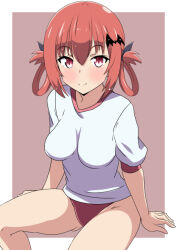 Rule 34 | 1girl, blush, breasts, buruma, dot nose, feet, feet out of frame, female focus, gabriel dropout, gym uniform, hair ornament, legs, looking at viewer, medium breasts, naruse mai, red buruma, red eyes, red hair, satanichia kurumizawa mcdowell, shirt, short sleeves, simple background, sitting, smile, solo, thighs