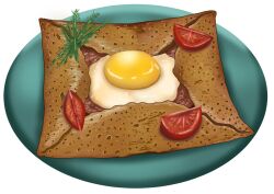 commentary_request egg_(food) food food_focus galette_(food) no_humans original plate simple_background takeuchi_shin tomato tomato_slice white_background