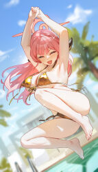 1girl :d absurdres arms_up aru_(blue_archive) bikini blue_archive blue_sky blurry blurry_background breasts closed_eyes cloud day floating_hair full_body gold_bikini halo highres horns jumping large_breasts long_hair navel open_mouth outdoors pink_hair pink_halo pool qianyuu_(senba) sky smile solo stomach swimsuit tree untied_bikini wardrobe_malfunction water