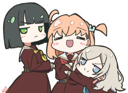 &gt;:) 3girls :&lt; =_= absurdres aqua_neckerchief black_hair blue_eyes blunt_bangs blunt_ends bob_cut brown_dress c: ceras_yanagida_lilienfeld chibi chibi_only closed_eyes closed_mouth clothes_grab commentary cowboy_shot crossed_bangs dress facing_viewer frown green_eyes grey_hair hair_ornament hair_ribbon hashtag-only_commentary hasu_no_sora_school_uniform highres hinoshita_kaho hug jitome link!_like!_love_live! long_hair long_sleeves looking_at_viewer love_live! medium_hair momose_ginko multiple_girls neckerchief oofushi_ao pink_ribbon rabbit_hair_ornament red_neckerchief ribbon sailor_collar sailor_dress school_uniform short_hair signature simple_background sleeve_grab smile standing two_side_up v-shaped_eyebrows virtual_youtuber white_background white_sailor_collar winter_uniform yellow_neckerchief