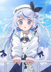 1girl :o anchor_ornament battery_indicator beret blue_bow blue_bowtie blue_eyes blue_hair blue_skirt blue_sky blue_streaks bow bowtie braid bright_pupils buttons cloud cloudy_sky day diagonal-striped_bow double-breasted floating_clothes floating_hair foreshortening hair_bun hair_ornament hairpin hand_on_railing hat hat_bow highres indie_virtual_youtuber jacket light_particles long_hair looking_down multicolored_hair multiple_hairpins open_clothes open_jacket outstretched_arms pocket_watch railing shiozora_namiri side_braid side_up_bun single_side_bun skirt sky solo streaked_hair sunoko_(hcmd8422) upper_body virtual_youtuber watch white_hat white_jacket white_pupils wide-eyed wind