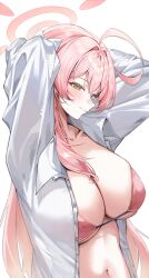 1girl 46_coffee ahoge arms_up bikini blue_archive blush bow breasts closed_mouth collarbone collared_shirt commentary green_eyes hair_between_eyes hair_bow halo hanako_(blue_archive) hanako_(swimsuit)_(blue_archive) highres huge_breasts long_hair long_sleeves navel open_clothes open_shirt pink_bikini pink_hair pink_halo shirt simple_background smile solo stomach swimsuit white_background white_bow white_shirt