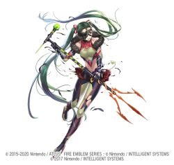 1girl boots breasts cleavage copyright_notice cuboon eyepatch fire_emblem fire_emblem_heroes full_body fur-trimmed_boots fur_trim gloves green_hair kurono_kiria long_hair microphone microphone_stand midriff navel nintendo official_art red_eyes solo teeth thigh_boots thighhighs tokyo_mirage_sessions_fe torn_boots torn_clothes twintails white_background