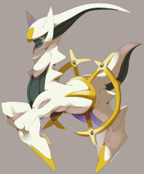 animal_focus arceus artist_name closed_mouth colored_sclera commentary_request creatures_(company) floating from_side full_body game_freak gem gen_4_pokemon green_gemstone green_sclera grey_background highres ingoguma legendary_pokemon looking_at_viewer mythical_pokemon nintendo no_humans pokemon pokemon_(creature) red_eyes simple_background solo