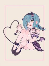 1girl absurdres asahi_rokka bang_dream! bare_shoulders black_bow black_dress black_hair black_hairband black_nails black_shoes blue_hair blush bow braid bushiroad commentary_request demon_horns demon_tail demon_wings dress fake_horns fingernails frills full_body fur_trim green_eyes hair_between_eyes hair_bow hair_ornament hairband hand_up heart highres horn_bow horn_ornament horns korean_commentary long_hair looking_at_viewer meonjiuikkum mini_wings multicolored_hair nail_polish open_mouth pink_bow raise_a_suilen shoes short_dress simple_background sitting sleeveless sleeveless_dress smile solo streaked_hair tail tail_bow tail_ornament teeth twin_braids white_background wings wrist_cuffs x_hair_ornament