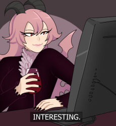 1girl alcohol black_dress black_nails breasts closed_mouth computer computer_keyboard cup demon_girl demon_horns desk dress drinking_glass english_text funamusea gallaxi hair_between_eyes hair_wings holding holding_glass horns indoors large_breasts lil_(funamusea) long_hair meme monitor pink_hair pink_lips red_eyes smile solo subtitled usb usb_cable wine wine_glass