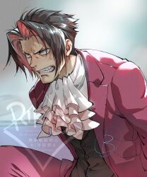 1boy ace_attorney angry ascot clenched_teeth constricted_pupils formal_clothes grey_hair highres layered_ascot male_focus miles_edgeworth red_suit short_hair solo suit suzuki_rika sweat teeth v-shaped_eyebrows watermark white_ascot