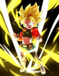 Rule 34 | 1girl, asymmetrical legwear, aura, belt, blonde hair, blue eyes, boots, clenched hands, crop top, dragon ball, dragon ball heroes, fanny pack, fingerless gloves, flat chest, gloves, green shorts, hairband, jacket, midriff, open clothes, open jacket, open mouth, orange hairband, pan (dragon ball), pan (xeno), pan (xeno) (dragon ball), red jacket, rom (20), shorts, solo, spiked hair, super saiyan, super saiyan 1