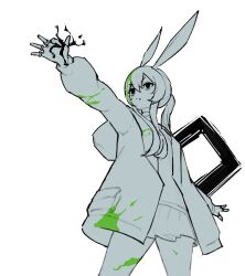1girl :| amiya_(arknights) animal_ears arknights closed_mouth from_below hair_between_eyes hand_up highres jacket jewelry long_hair long_sleeves miniskirt multiple_rings open_clothes open_jacket originium_arts_(arknights) ponytail rabbit_ears ring simple_background skirt solid_eyes solo spot_color teasmacker thumb_ring white_background
