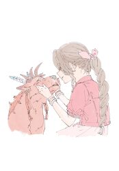 1boy 1girl aerith_gainsborough animal animal_earrings bangle beads bracelet braid braided_ponytail brown_hair closed_eyes cropped_jacket dress facial_mark feather_hair_ornament feathers final_fantasy final_fantasy_vii final_fantasy_vii_rebirth final_fantasy_vii_remake hair_beads hair_ornament hair_ribbon hands_on_another&#039;s_cheeks hands_on_another&#039;s_face highres jacket jewelry long_hair orange_fur parted_bangs parted_lips pink_dress pink_ribbon red_jacket red_xiii ribbon ringon scar scar_across_eye scar_on_face short_sleeves sidelocks single_braid sketch smile upper_body white_background