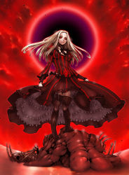1girl angra_mainyu black_thighhighs boots corruption dark_persona dress fate/stay_night fate/zero fate_(series) female_focus frills grail_beast great_grail high-low_dress irisviel_von_einzbern irisviel_von_einzbern_(black_iri) long_hair petticoat possessed possession red_eyes red_sky red_theme skeleton sky solo spoilers sumita_kazuasa thigh_boots thighhighs white_hair zettai_ryouiki