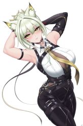 Rule 34 | 1girl, absurdres, animal ear fluff, animal ears, arknights, arm strap, armpits, arms behind head, arms up, bare shoulders, black choker, black pants, breasts, cat ears, choker, cosplay, cowboy shot, evelyn chevalier, evelyn chevalier (cosplay), hair between eyes, highres, hikasa youko, kal&#039;tsit (arknights), leggings, necktie, pants, presenting armpit, punnosalt, revision, shirt, simple background, sleeveless, sleeveless shirt, solo, standing, thighs, variant set, voice actor connection, white background, white shirt, yellow necktie, zenless zone zero