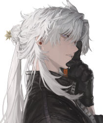 Rule 34 | black gloves, blade (honkai: star rail), chinese clothes, earrings, geebee 79, gloves, highres, honkai: star rail, honkai (series), jewelry, long hair, long sleeves, looking at viewer, male focus, simple background, upper body, white background, white eyes, white hair, yingxing (honkai: star rail)
