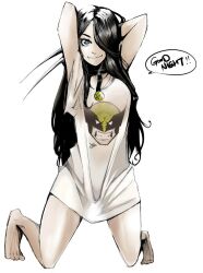 1girl barefoot black_hair blue_eyes breasts claw_(weapon) claws closed_mouth english_text full_body jinbei laura_kinney long_hair looking_at_viewer marvel messy_hair nose see-through_clothes simple_background smile solo speech_bubble weapon white_background x-23 x-men
