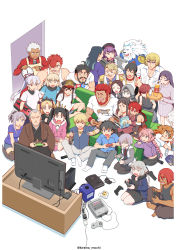 6+boys 6+girls absurdres ahoge alexander_(fate) apron arcade_stick archer_(fate) artist_name ashwatthama_(fate) astolfo_(fate) bottle clock commentary_request controller couch dual_persona edward_teach_(fate) ereshkigal_(fate) fate/apocrypha fate/grand_order fate/stay_night fate_(series) fujimaru_ritsuka_(male) fuuma_kotarou_(fate) game_console game_controller ganesha_(fate) gilgamesh_(establishment)_(fate) gilgamesh_(fate) goredolf_musik gray_(fate) helena_blavatsky_(fate) highres ishtar_(fate) ishtar_(swimsuit_rider)_(fate) iskandar_(fate) it&#039;s_time jeanne_d&#039;arc_(fate) jeanne_d&#039;arc_alter_(fate) jeanne_d&#039;arc_alter_(ver._shinjuku_1999)_(fate) joystick karna_(fate) koha-ace leonardo_da_vinci_(fate) leonardo_da_vinci_(fate/grand_order) leonardo_da_vinci_(rider)_(fate) mash_kyrielight minamoto_no_raikou_(fate) miyamoto_musashi_(fate) mo_(kireinamo) mori_nagayoshi_(fate) multiple_boys multiple_girls nikola_tesla_(fate) oda_nobunaga_(fate) oda_nobunaga_(koha-ace) official_alternate_costume okita_souji_(fate) okita_souji_(koha-ace) playing_games playstation_2 playstation_controller power_strip sakata_kintoki_(fate) sega_mega_drive sitting super_famicom super_famicom_cartridge super_famicom_gamepad television thomas_edison_(fate) tomoe_gozen_(fate) twitter_username white_background wine_bottle yagyuu_munenori_(fate) yan_qing_(fate)
