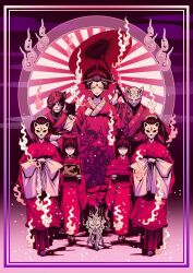 2boys 5girls animal_ears aura cat cat_ears cat_mask commentary_request expressionless facial_mark forehead_mark half_mask highres hitodama japanese_clothes kimono looking_at_viewer mask mask_on_head multiple_boys multiple_girls oiran original skeleton_print straight-on sunburst umbrella yamada_satoshi