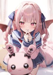 1girl :3 aria_(ariacue) black_bow blue_nails blue_sailor_collar blue_skirt blurry blurry_background blush blush_stickers bow closed_mouth collar commentary cowboy_shot demon_wings drill_hair ear_bow fingernails hair_intakes hair_ribbon hands_up heart heart_in_eye highres index_fingers_together jacket jacket_partially_removed leaning_forward light_particles long_hair long_sleeves looking_at_viewer makaino_ririmu makaino_ririmu_(4th_costume) mascot miniskirt nail_polish neckerchief nijisanji open_clothes open_jacket pink_hair pink_jacket pleated_skirt pointy_ears puffy_long_sleeves puffy_sleeves red_collar red_eyes red_neckerchief red_wings ribbon sailor_collar school_uniform shirt skirt solo sparkle standing stuffed_toy symbol-only_commentary symbol_in_eye twin_drills two_side_up virtual_youtuber white_shirt wings
