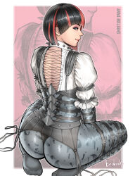 1girl absurdres anna_williams ass black_hair cross-laced_clothes erodrunky from_behind grey_pantyhose high-waist_pantyhose highres multicolored_hair pantyhose red_hair shirt short_hair solo_focus tekken tekken_8 two-tone_hair white_shirt zoom_layer