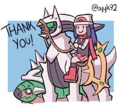 1girl arceus ayyk92 beanie black_shirt boots creatures_(company) dawn_(pokemon) english_text game_freak gen_4_pokemon hair_ornament hat legendary_pokemon mythical_pokemon nintendo over-kneehighs pink_boots pink_skirt pokemon pokemon_(creature) pokemon_dppt reins riding riding_pokemon scarf shirt skirt sleeveless sleeveless_shirt sweat thank_you thighhighs torterra turtle