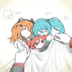 3girls a.i._voice adachi_rei age_difference amau_totori black_hairband black_shirt black_sleeves blanket blue_hair blush character_doll child closed_eyes detached_sleeves doll grey_shirt hair_between_eyes hairband hatsune_miku headlamp highres holding holding_blanket hood hooded_jacket jacket kasane_teto kasane_teto_(utau) microphone multiple_girls orange_hair parted_lips radio_antenna red_nails shirt sleeveless sleeveless_shirt stuffed_toy twintails utau vocaloid white_background white_jacket