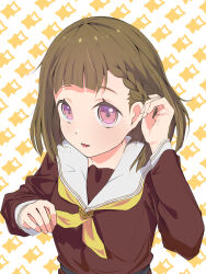 Rule 34 | 1girl, adjusting hair, blunt bangs, braid, brown dress, brown hair, commentary request, dress, hasu no sora school uniform, highres, kachimachi kosuzu, komekopan (user jmea4488), light smile, link! like! love live!, long sleeves, looking at viewer, love live!, medium hair, neckerchief, open mouth, pink eyes, sailor collar, school uniform, solo, sparkle background, virtual youtuber, white sailor collar, yellow neckerchief