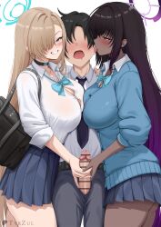 1boy 2girls asuna_(blue_archive) bag bar_censor black_hair blue_archive blue_cardigan blue_halo blush breasts brown_hair cardigan censored choker cooperative_handjob dark-skinned_female dark_skin erection gradient_hair grin hair_over_one_eye halo handjob highres karin_(blue_archive) large_breasts long_hair multicolored_hair multiple_girls penis purple_hair purple_halo school_uniform sensei_(blue_archive) shirt skirt smile teamwork_(sexual) tyrzul white_shirt