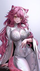 1girl animal_ears arm_support blush breasts cape chronopattern_dress dress fingernails highres hololive hololive_english large_breasts long_hair looking_at_viewer meme_attire miraymoon multicolored_hair nail_polish panther_ears panther_girl panther_tail pink_hair pink_lips pink_nails raora_panthera signature smile solo streaked_hair tail thighs virtual_youtuber white_background white_cape white_dress yellow_eyes