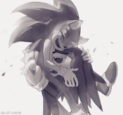 Rule 34 | 2boys, animal ears, animal nose, artist name, blush, chinese commentary, closed eyes, fang, fangs, gloves, greyscale, hand on another&#039;s head, hands up, happy, hedgehog, highres, knuckles the echidna, lazy kun, male focus, monochrome, multiple boys, open mouth, shoes, short tail, simple background, smile, sneakers, socks, sonic (series), sonic the hedgehog, tail, teeth, tongue