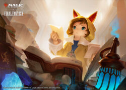 animal_hood blue_eyes book book_stack brown_hair cat_hood commentary copyright_name copyright_notice english_commentary final_fantasy final_fantasy_xiv highres holding holding_paper hood krile_baldesion_(ff14) lalafell magic:_the_gathering official_art open_book paper reading scroll thatjaykart