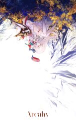 Rule 34 | 1girl, absurdres, arcaea, beret, blue bow, bow, bowtie, closed mouth, commentary, floating hat, flower, frilled thigh strap, half-closed eyes, hands on own chest, hat, highres, hikari (arcaea), hikari (fracture) (arcaea), jacket, knees up, lesyef103, long hair, long sleeves, purple flower, red bow, red bowtie, red hat, sitting, skirt, smile, solo, thigh strap, thighhighs, two-tone bow, upside-down, white hair, white jacket, white skirt, white thighhighs, wide shot