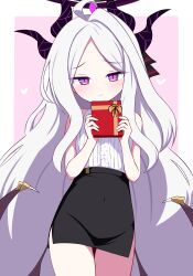 1girl ahoge bare_arms black_halo black_horns black_skirt blue_archive blush box closed_mouth covered_navel cowboy_shot gift gift_box halo highres hina_(blue_archive) holding holding_box horns io9 loli long_hair looking_at_viewer low_wings multiple_horns purple_eyes shirt shirt_tucked_in skirt sleeveless sleeveless_shirt slit_pupils solo very_long_hair white_hair white_shirt wings