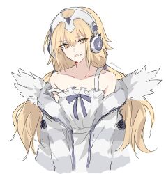 1girl angel_wings annoyed blonde_hair blush coat coat_on_shoulders collarbone fate/grand_order fate_(series) fur-trimmed_coat fur_trim headphones highres jeanne_d&#039;arc_(fate) low_twintails metatron_jeanne_(fate) nekwnek nightgown official_alternate_costume pom_pom_(clothes) ribbon simple_background sleepwear socks solo strap_slip twintails twitter_username white_background white_socks wings yellow_eyes