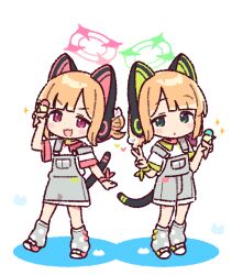 Rule 34 | 2girls, :3, :d, animal ear headphones, animal ears, black tail, blonde hair, blue archive, blunt bangs, blush, cat ear headphones, cat ears, cat hair ornament, cat tail, collared shirt, colored shadow, commentary request, contrast collar, fake animal ears, fake tail, food, full body, green eyes, green halo, green ribbon, green shoes, green trim, grey socks, hair bun, hair ornament, halo, hand up, hands up, headphones, heart, holding, holding food, holding ice cream, ice cream, looking at viewer, loose socks, midori (blue archive), momoi (blue archive), multiple girls, open mouth, overall shorts, overall skirt, overalls, parted bangs, parted lips, pink eyes, pink halo, pink ribbon, pink shoes, pink trim, polka dot, polka dot socks, ribbon, shadow, shirt, shoes, short hair, short sleeves, siblings, sidelocks, simple background, sisters, smile, socks, sparkle, standing, tail, twins, twintails, v, v-shaped eyebrows, white background, white shirt, wrist ribbon, yoru nai
